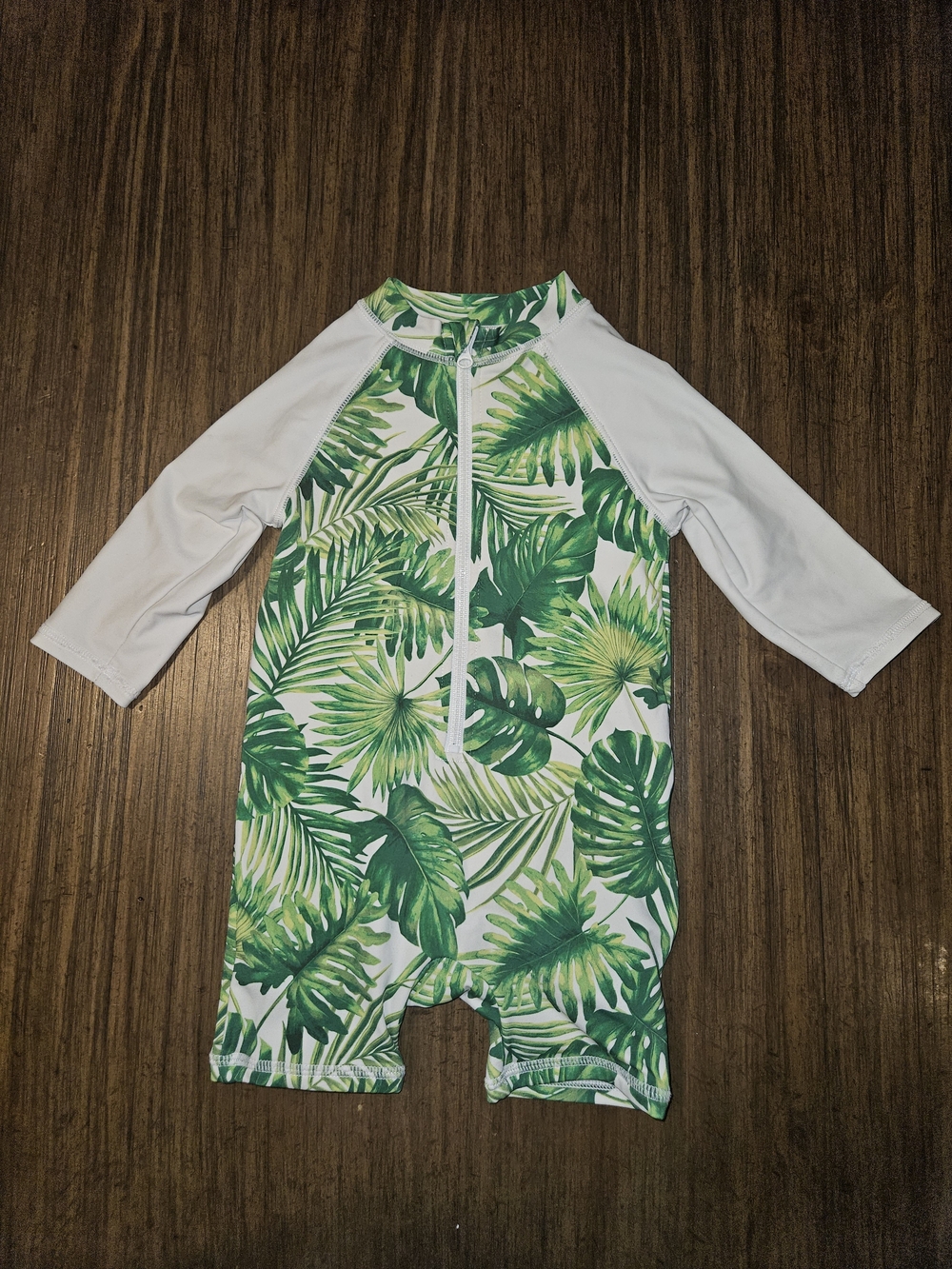 Janie and Jack Green and White Tropical Leaf Zip-Front Rashguard One-Piece